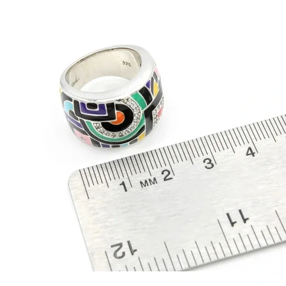 Belle Etoile Silver Enamel Mosaic Geometric Art Deco Motif Ring Size 6.5